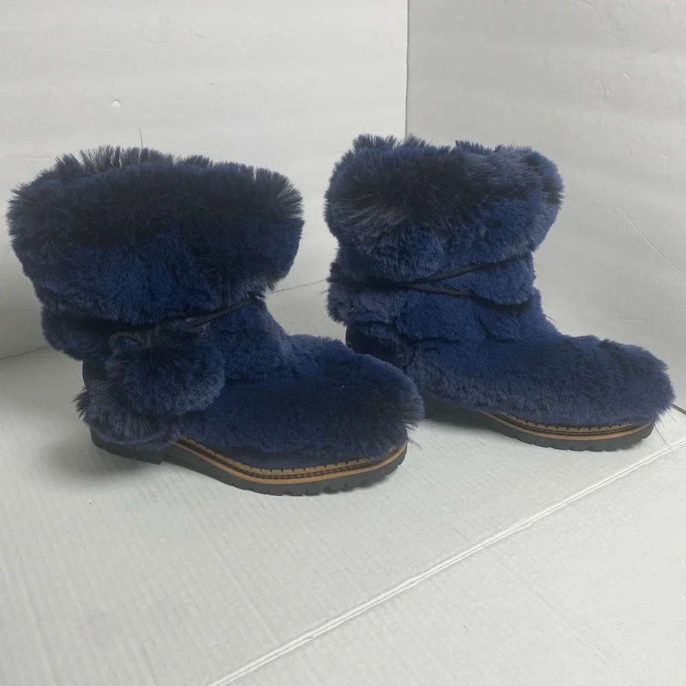 Sam Edelman‎ Navy Blue Faux Fur Pom Pom Lug Sole Ankle Boots Womens 8.5M Cozy